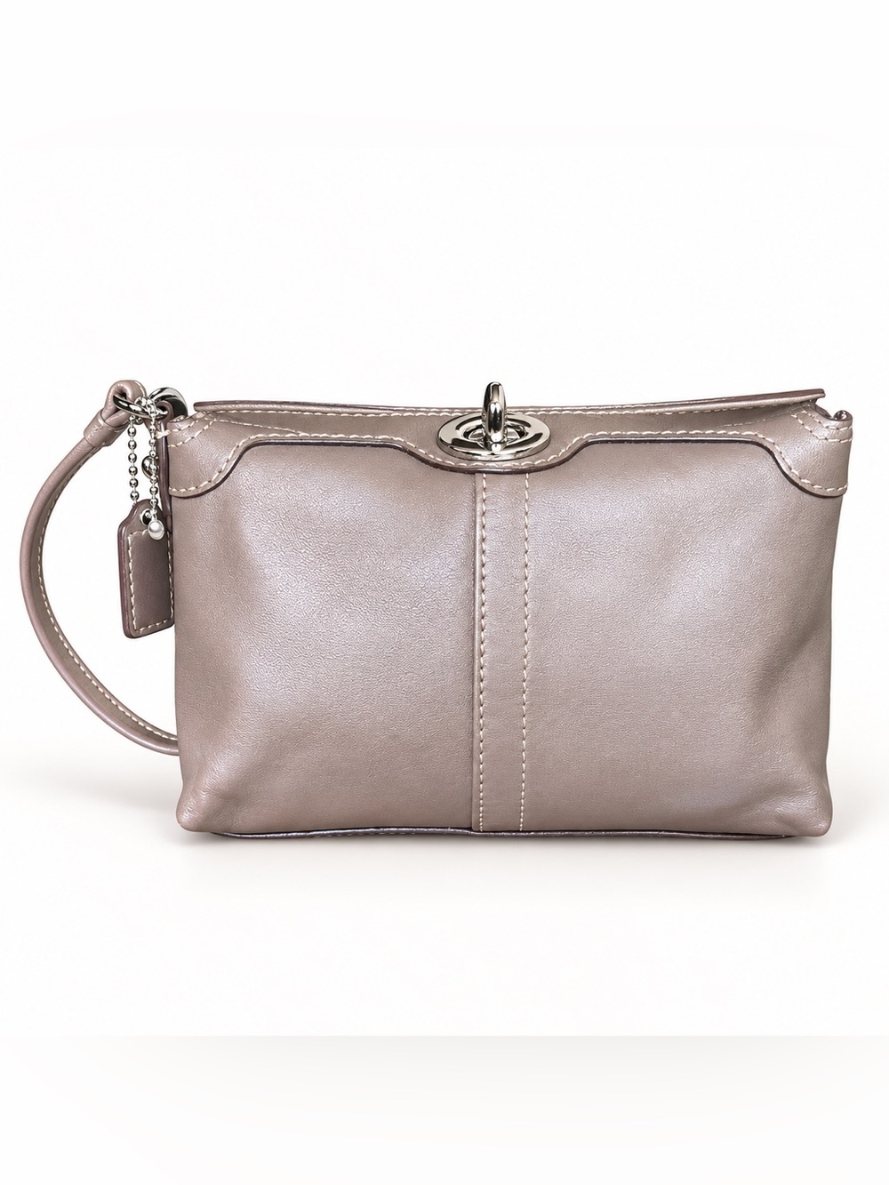 Nwot Coach Taupe Leather Turnlock Wristlet Clutch Silver Hardware